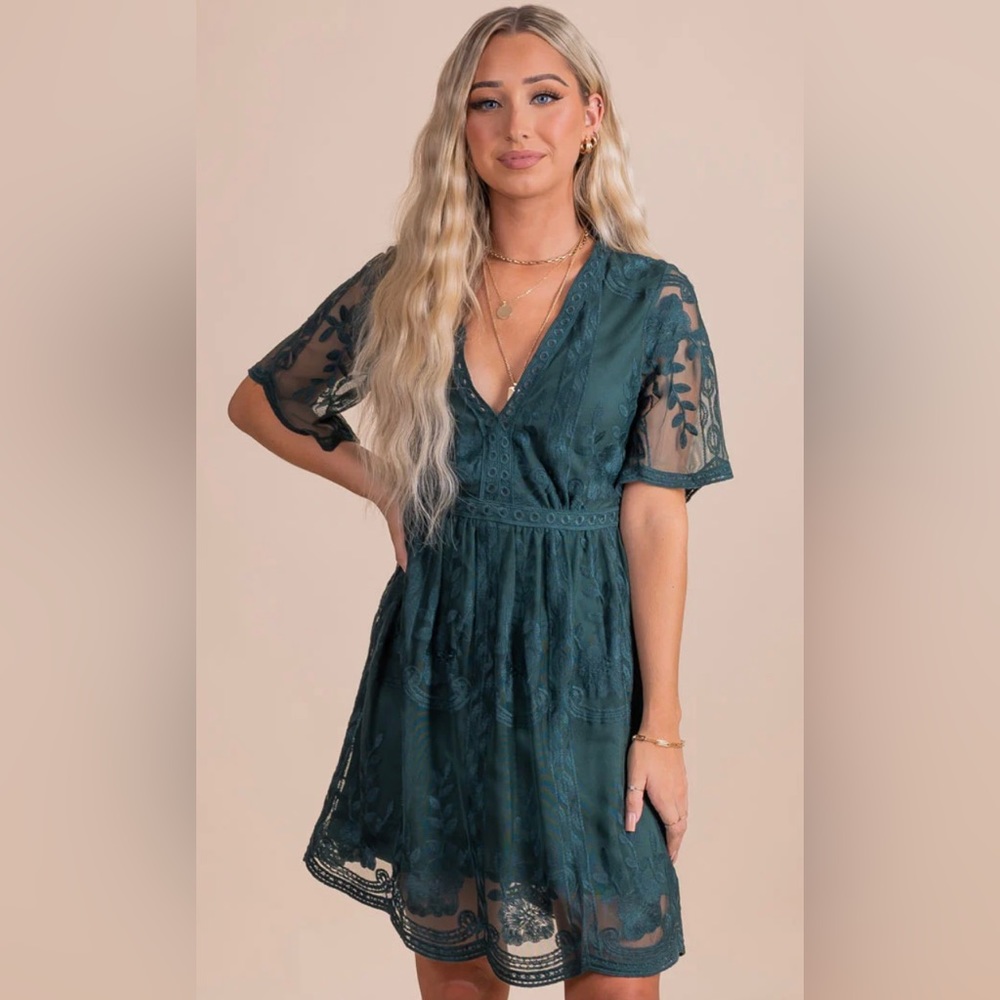 Bella Ella Light My Fire Dark Teal Lace Mini Dress